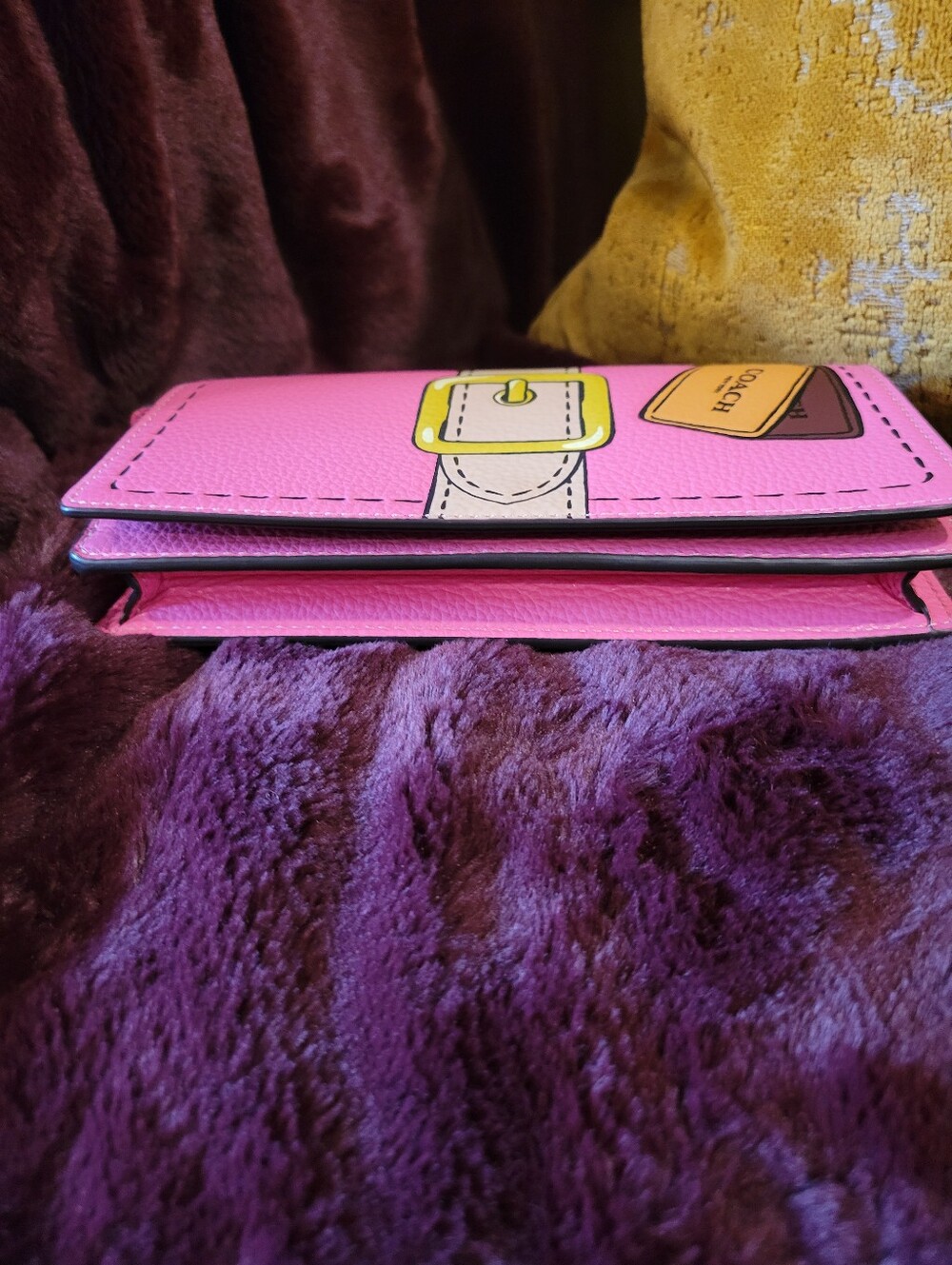 Coach NWOT Pink Cartoon Anna Foldover Clutch Crossbody With Trompe L'oeil Print - Picture 4 of 10